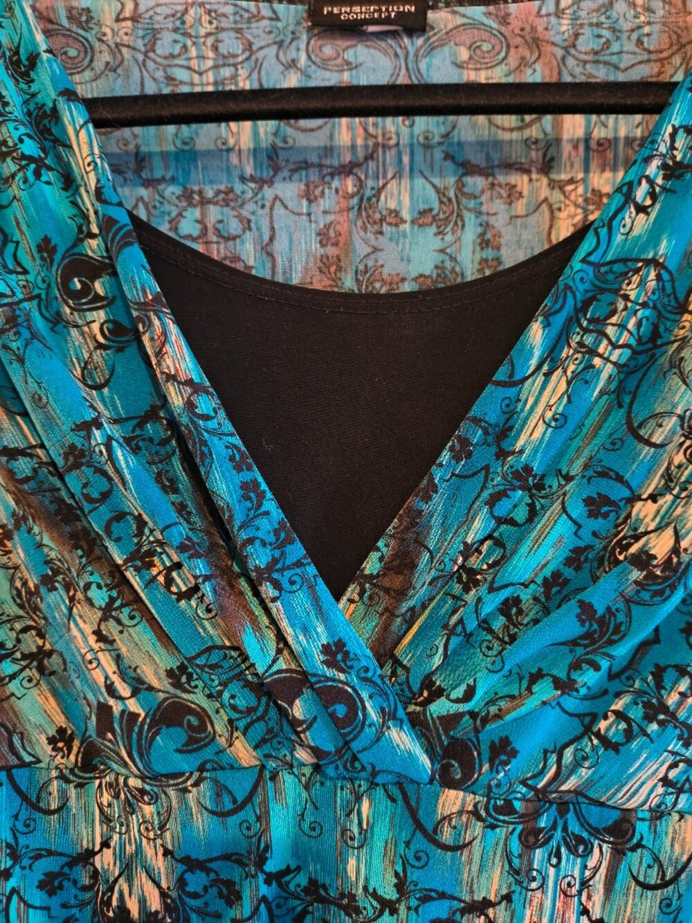 Perception Concept Blue Multi Patterend Long Sleeve V-Neck Blouse Party Office - Picture 8 of 8